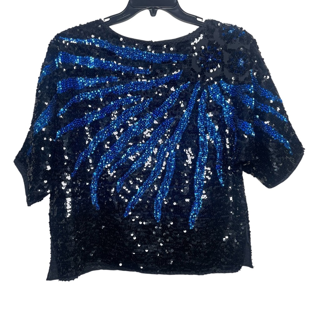 Vintage Womens Black Blue Sequin Sunburst Beaded Evening Blouse Top 42 US Size L